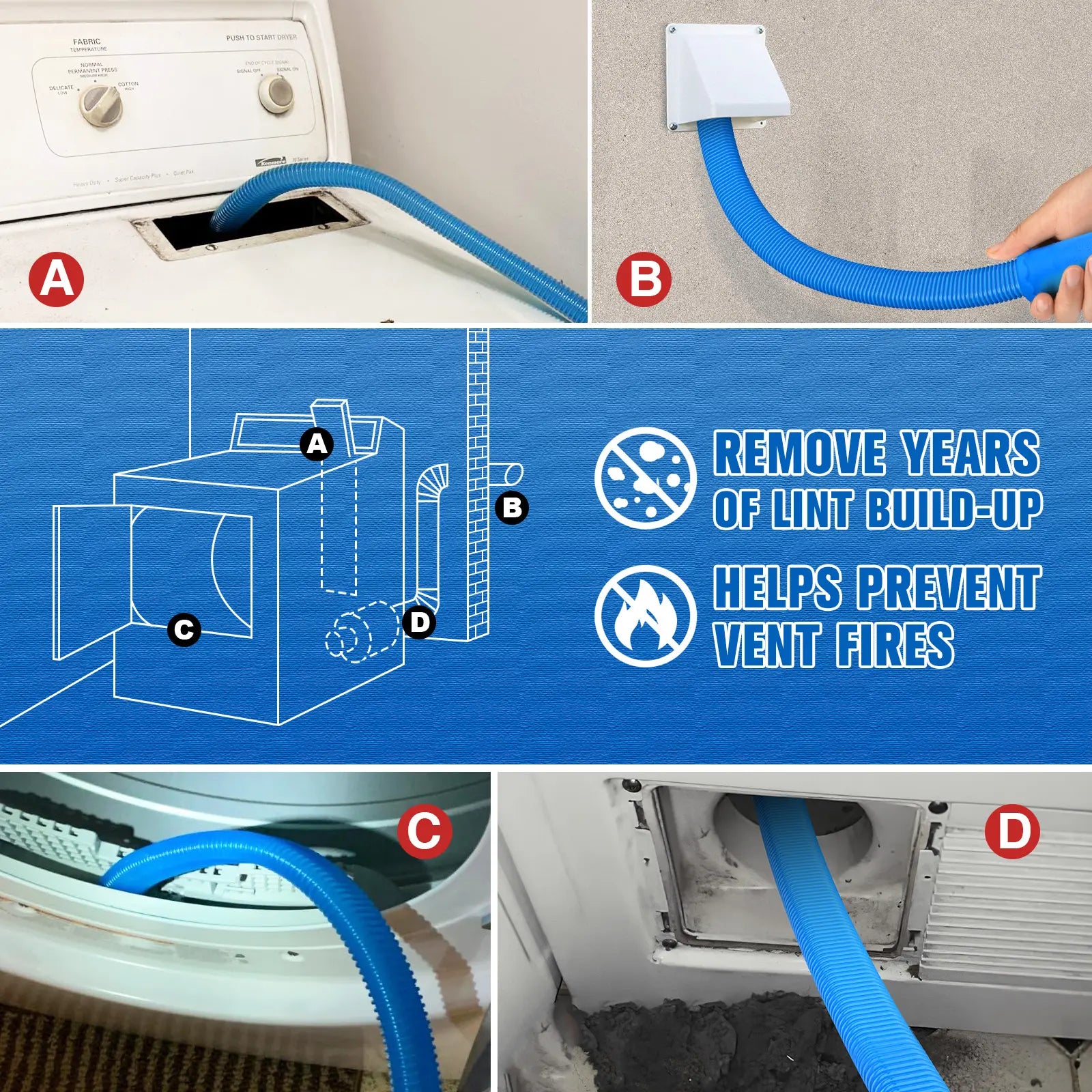 Dryer Vent Cleaner kit Dryer Vacuum Hose Attachment with Stretch Universal Connector, Dryer Vent Cleaning Tool Vacuum Hose Lint Remover, Blue